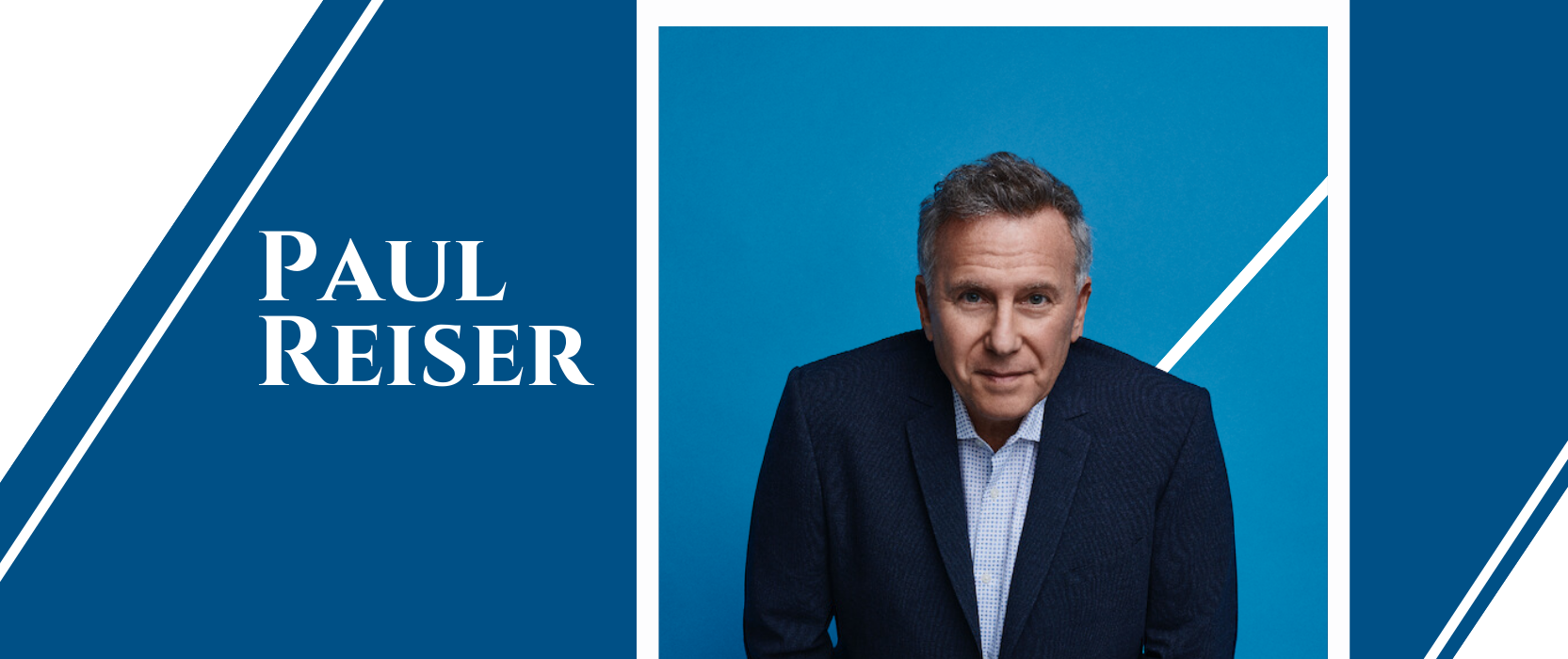 image of a man on a blue and white background, text reads Paul Reiser