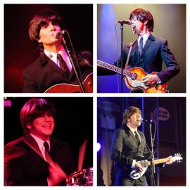 four photos arranged in a square, one Beatles impersonator in each 